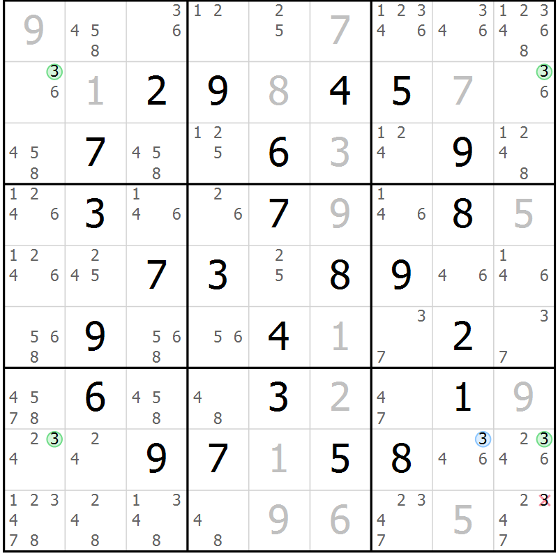 Position des candidats pour la solution de la Gr 18 page 21 du magazine de sudoku Maestro n° 094