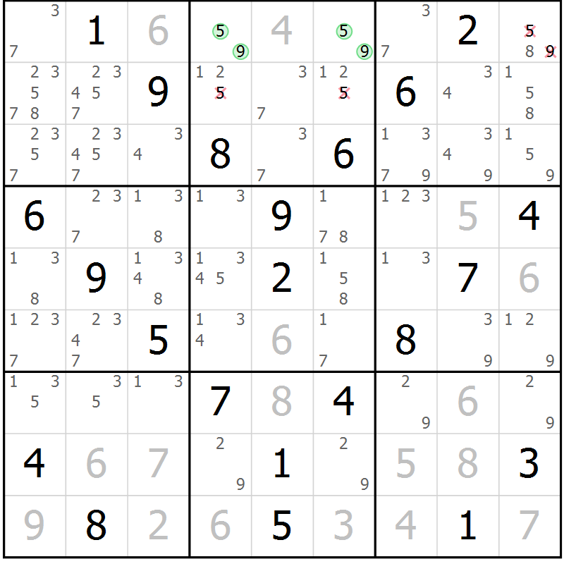 Position des candidats pour la solution de la Gr 19 page 22 du magazine de sudoku Maestro n° 094