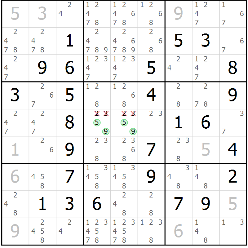 Position des candidats pour la solution de la Gr 2 page 5 du magazine de sudoku Maestro n° 094