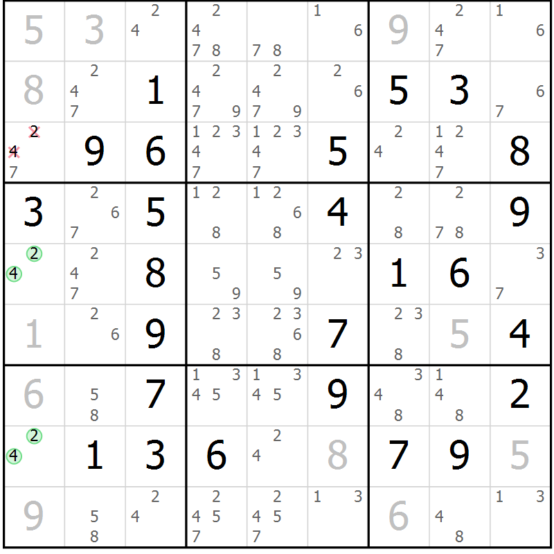 Position des candidats pour la solution de la Gr 2 page 5 du magazine de sudoku Maestro n° 094
