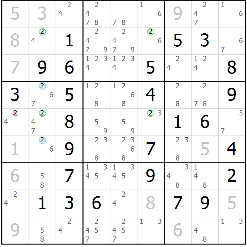 Position des candidats pour la solution de la Gr 2 page 5 du magazine de sudoku Maestro n° 094