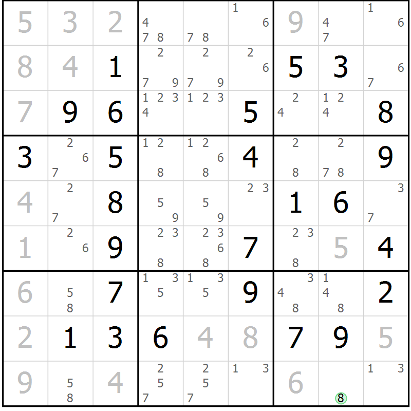 Position des candidats pour la solution de la Gr 2 page 5 du magazine de sudoku Maestro n° 094