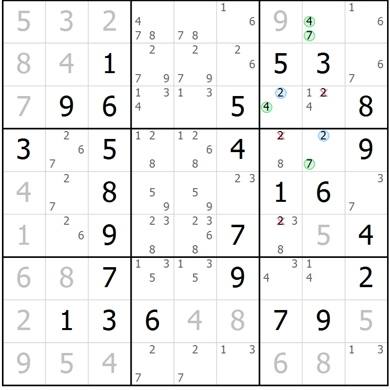 Position des candidats pour la solution de la Gr 2 page 5 du magazine de sudoku Maestro n° 094