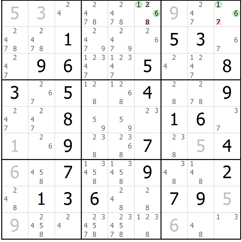 Position des candidats pour la solution de la Gr 2 page 5 du magazine de sudoku Maestro n° 094