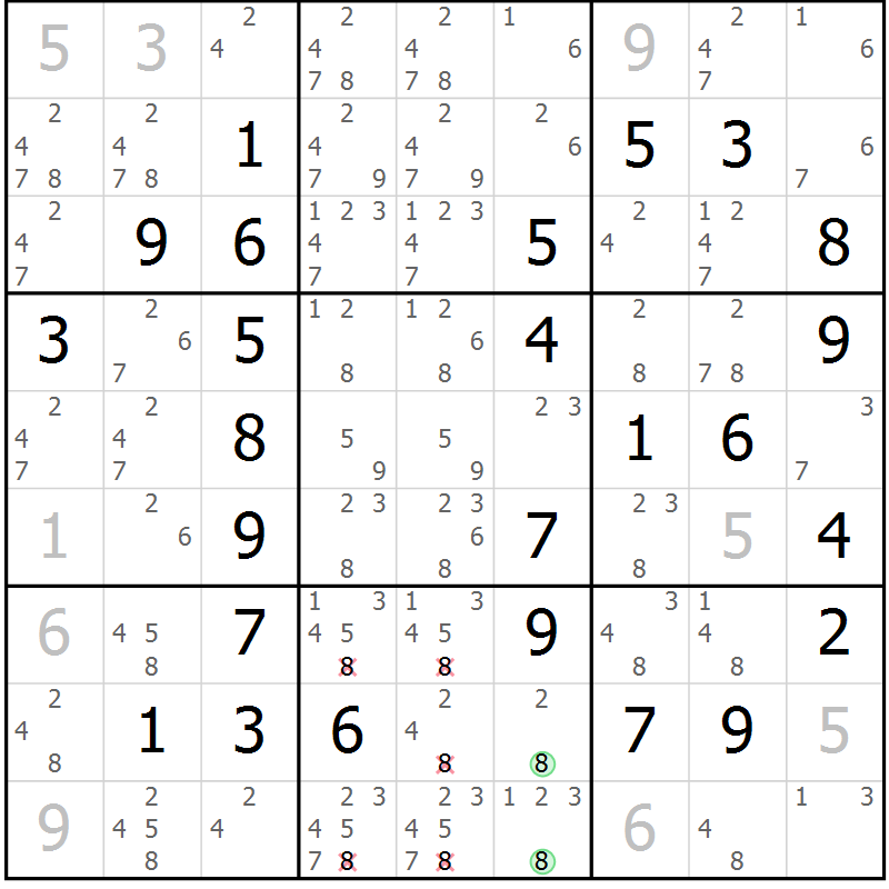 Position des candidats pour la solution de la Gr 2 page 5 du magazine de sudoku Maestro n° 094