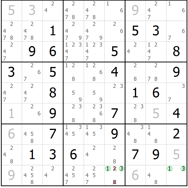 Position des candidats pour la solution de la Gr 2 page 5 du magazine de sudoku Maestro n° 094
