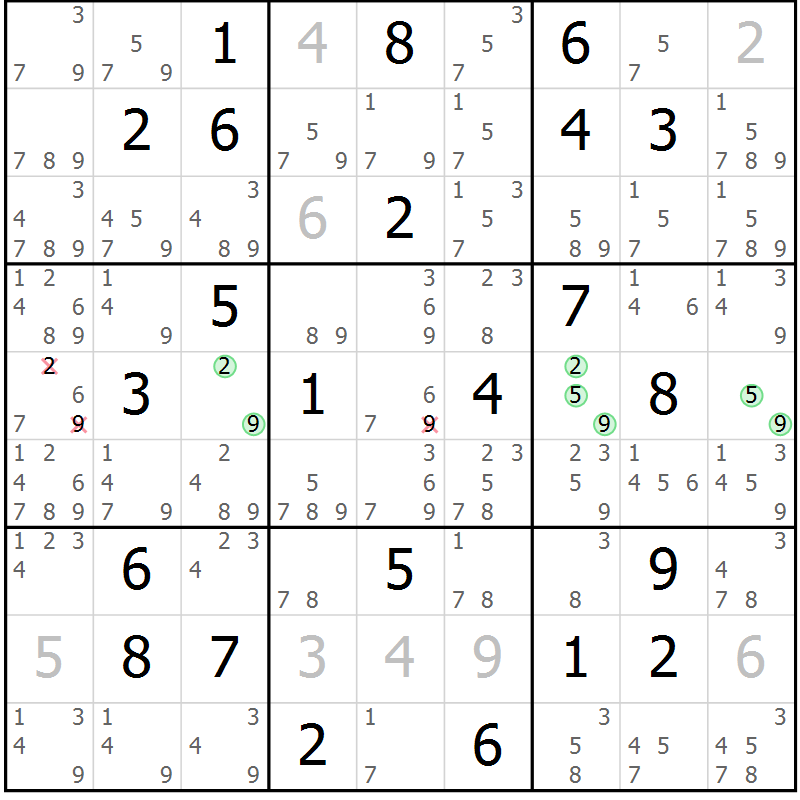 Position des candidats pour la solution de la Gr 25 page 28 du magazine de sudoku Maestro n° 094