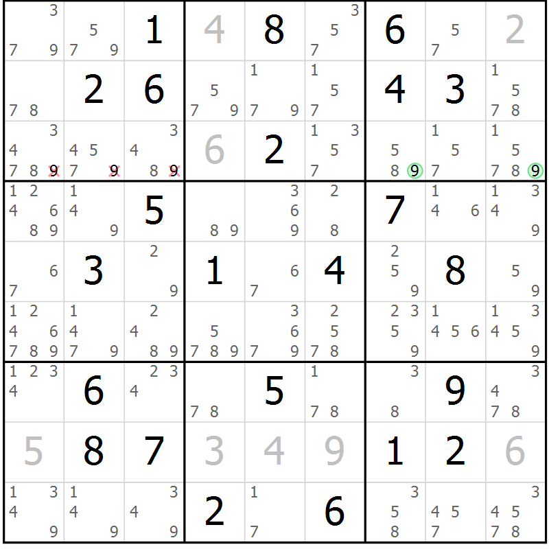Position des candidats pour la solution de la Gr 25 page 28 du magazine de sudoku Maestro n° 094