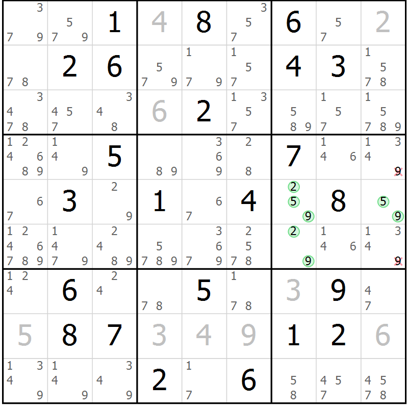 Position des candidats pour la solution de la Gr 25 page 28 du magazine de sudoku Maestro n° 094