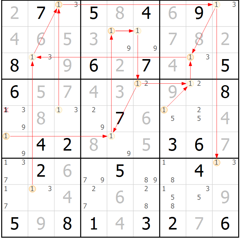 Position des candidats pour la solution de la Gr 26 page 29 du magazine de sudoku Maestro n° 094