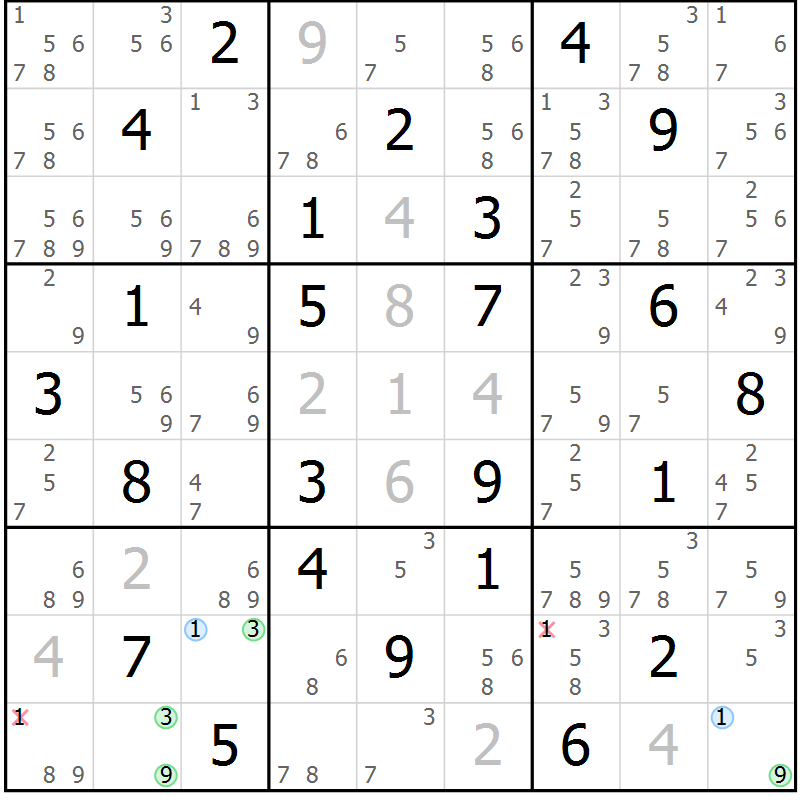 Position des candidats pour la solution de la Gr 29 page 32 du magazine de sudoku Maestro n° 094