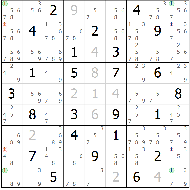 Position des candidats pour la solution de la Gr 29 page 32 du magazine de sudoku Maestro n° 094