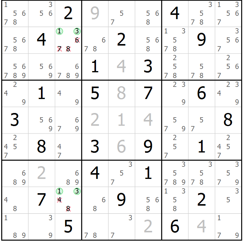 Position des candidats pour la solution de la Gr 29 page 32 du magazine de sudoku Maestro n° 094