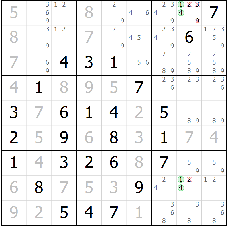 Position des candidats pour la solution de la Gr 3 page 6 du magazine de sudoku Maestro n° 094