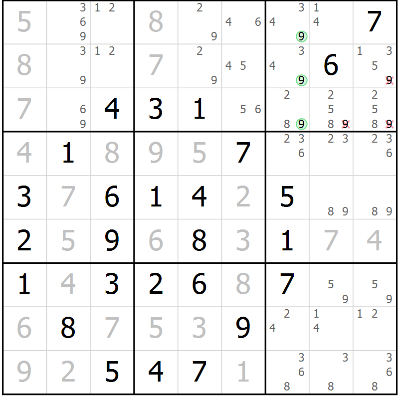 Position des candidats pour la solution de la Gr 3 page 6 du magazine de sudoku Maestro n° 094