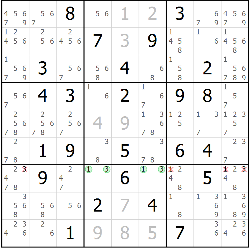 Position des candidats pour la solution de la Gr 36 page 39 du magazine de sudoku Maestro n° 094