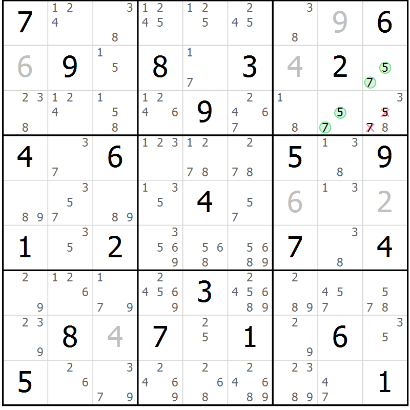 Position des candidats pour la solution de la Gr 40 page 43 du magazine de sudoku Maestro n° 094