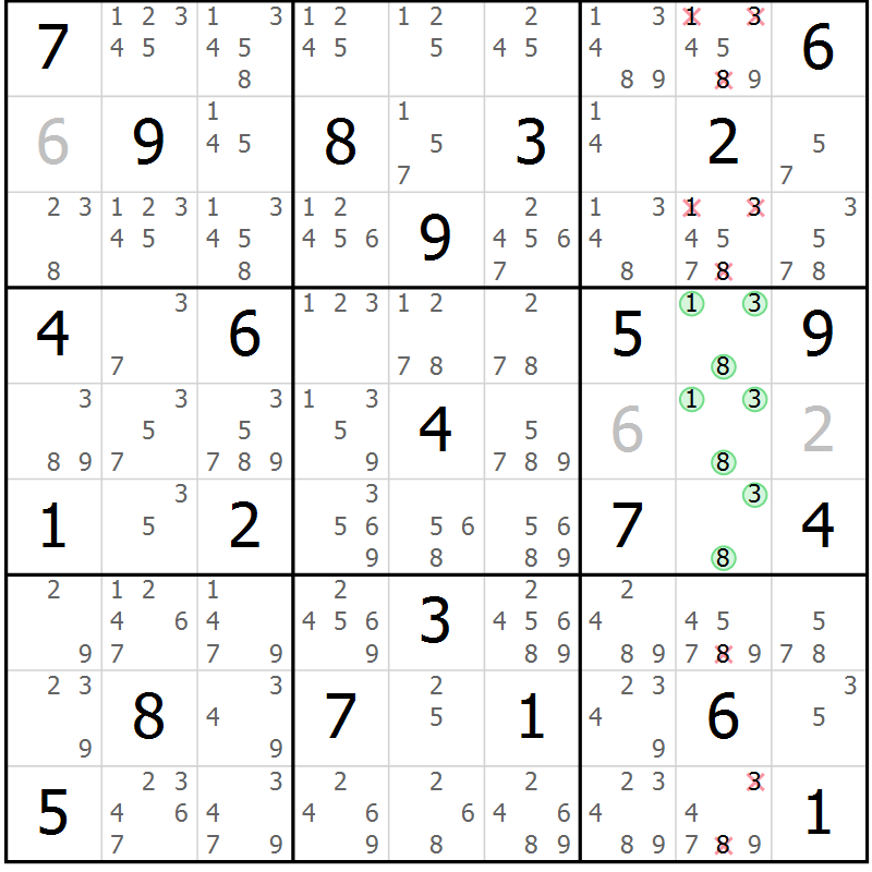 Position des candidats pour la solution de la Gr 40 page 43 du magazine de sudoku Maestro n° 094
