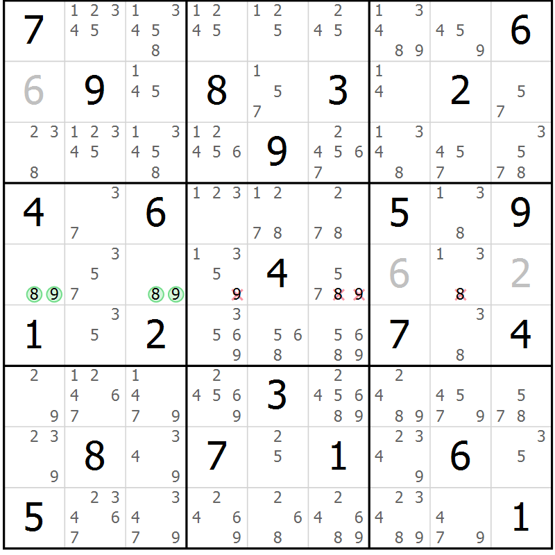 Position des candidats pour la solution de la Gr 40 page 43 du magazine de sudoku Maestro n° 094