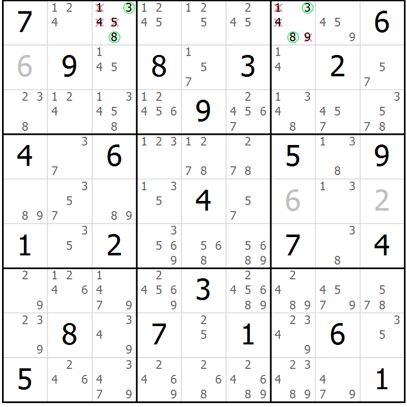 Position des candidats pour la solution de la Gr 40 page 43 du magazine de sudoku Maestro n° 094