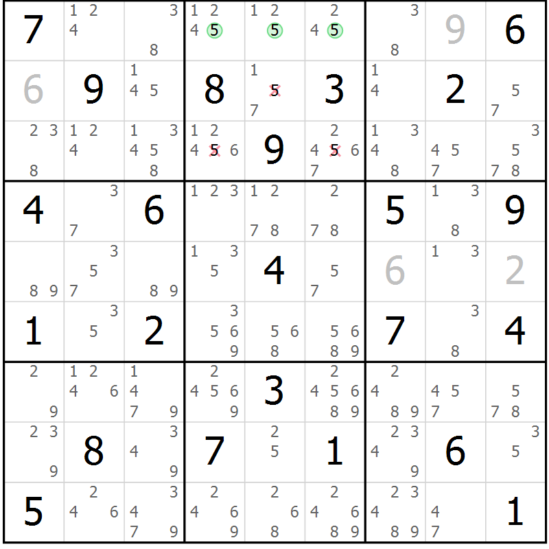 Position des candidats pour la solution de la Gr 40 page 43 du magazine de sudoku Maestro n° 094