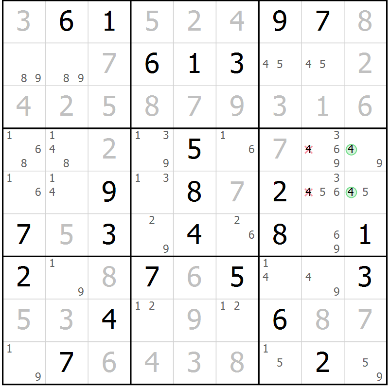 Position des candidats pour la solution de la Gr 42 page 45 du magazine de sudoku Maestro n° 094