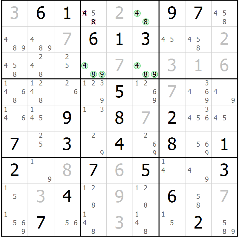 Position des candidats pour la solution de la Gr 42 page 45 du magazine de sudoku Maestro n° 094