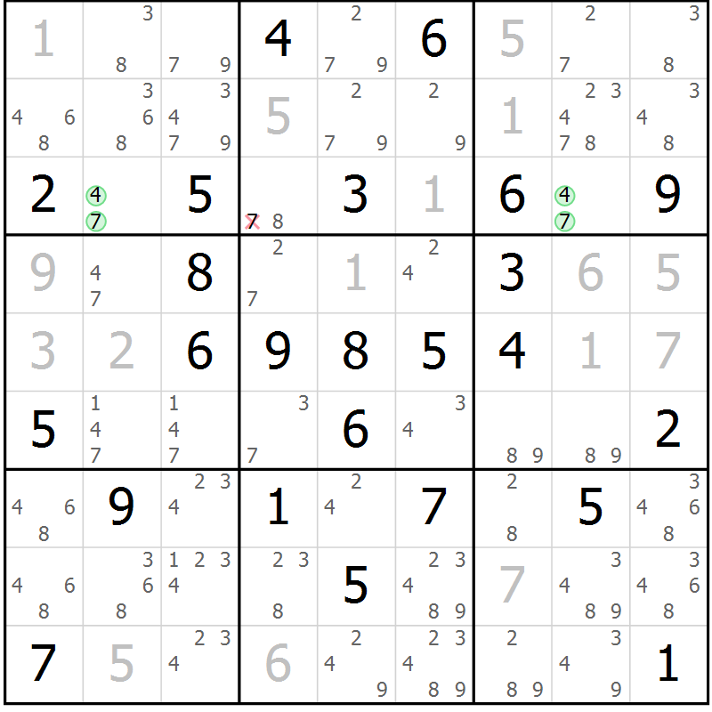 Position des candidats pour la solution de la Gr 43 page 46 du magazine de sudoku Maestro n° 094