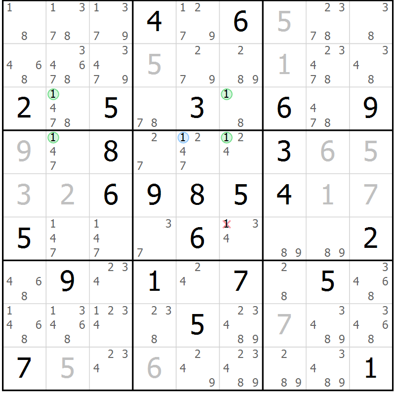 Position des candidats pour la solution de la Gr 43 page 46 du magazine de sudoku Maestro n° 094