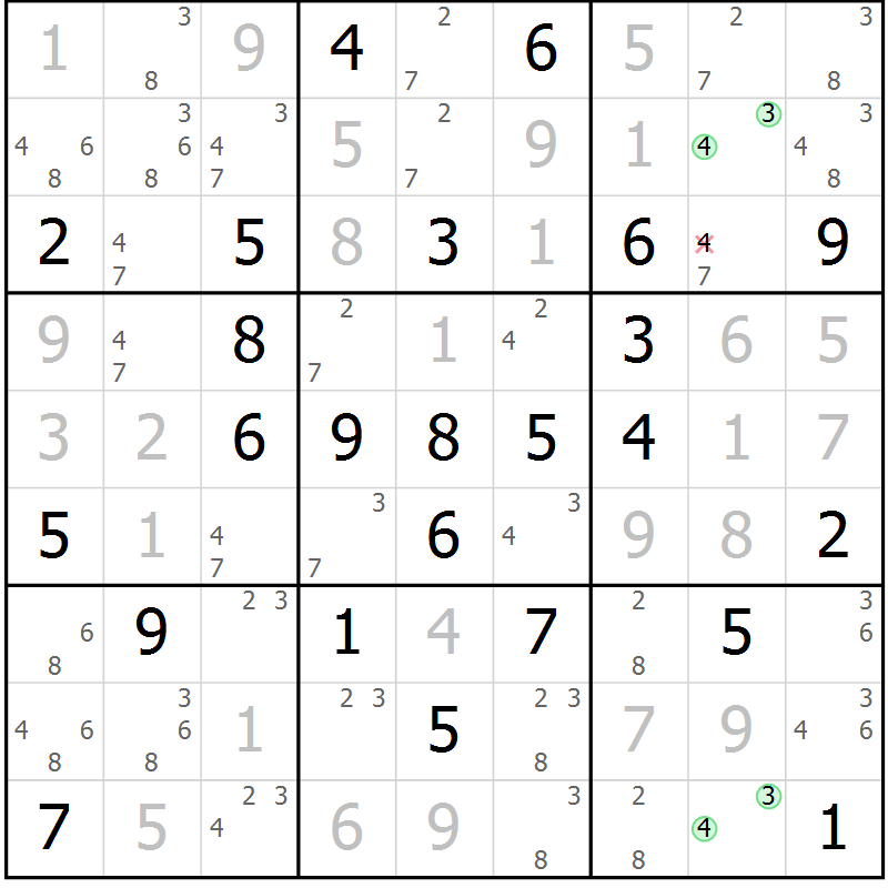 Position des candidats pour la solution de la Gr 43 page 46 du magazine de sudoku Maestro n° 094