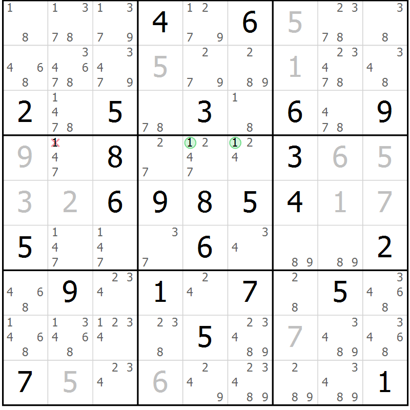 Position des candidats pour la solution de la Gr 43 page 46 du magazine de sudoku Maestro n° 094