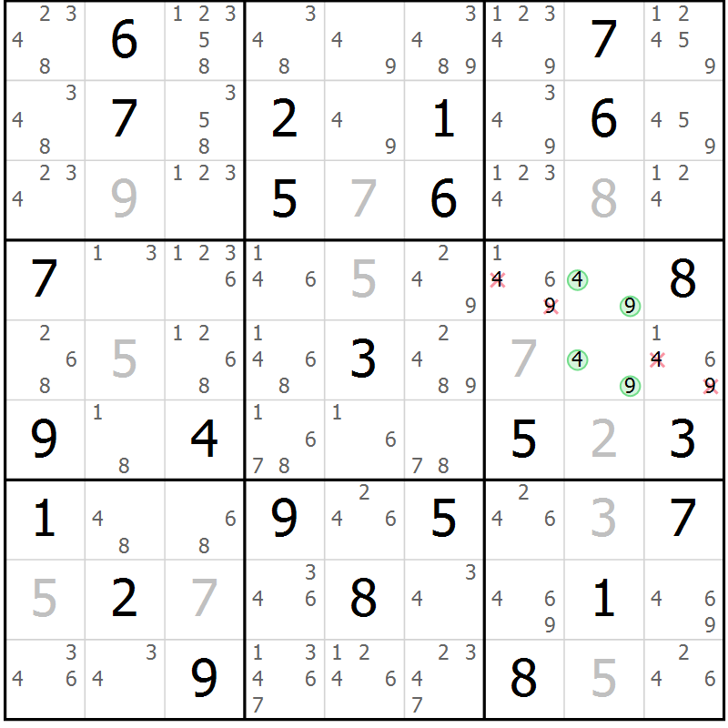 Position des candidats pour la solution de la Gr 45 page 48 du magazine de sudoku Maestro n° 094