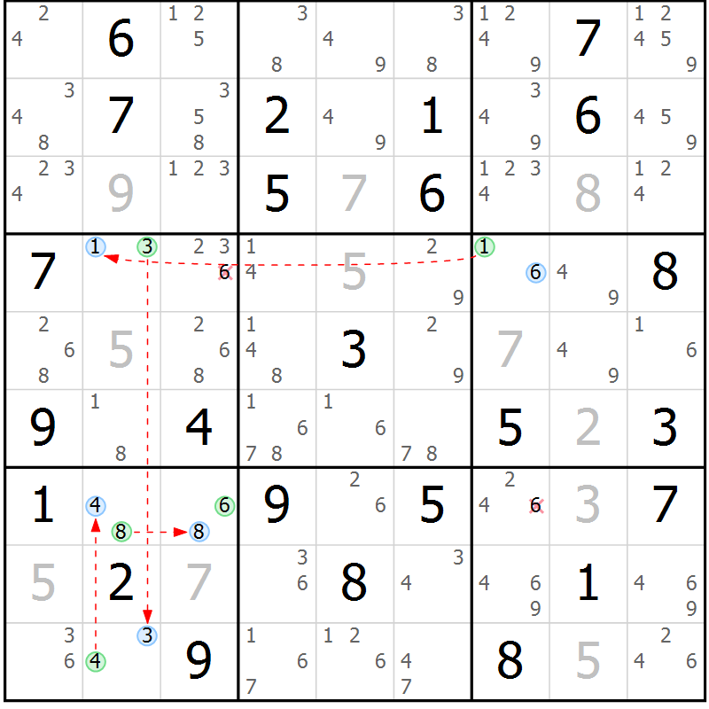 Position des candidats pour la solution de la Gr 45 page 48 du magazine de sudoku Maestro n° 094