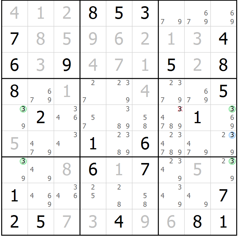 Position des candidats pour la solution de la Gr 46 page 49 du magazine de sudoku Maestro n° 094