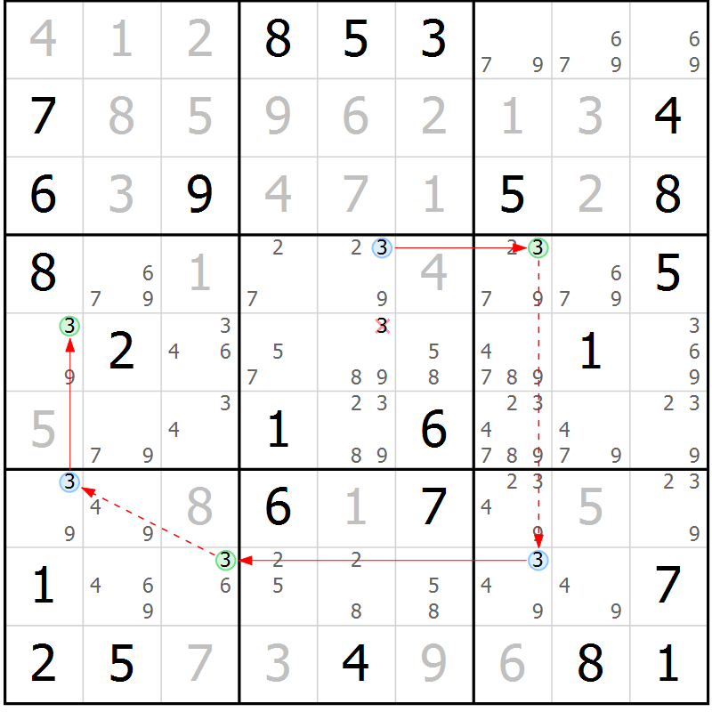 Position des candidats pour la solution de la Gr 46 page 49 du magazine de sudoku Maestro n° 094