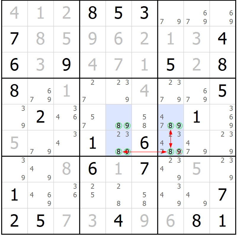 Position des candidats pour la solution de la Gr 46 page 49 du magazine de sudoku Maestro n° 094