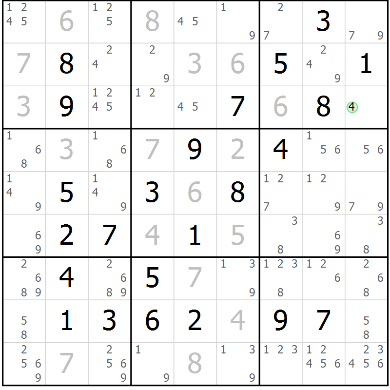 Position des candidats pour la solution de la Gr 5 page 8 du magazine de sudoku Maestro n° 094