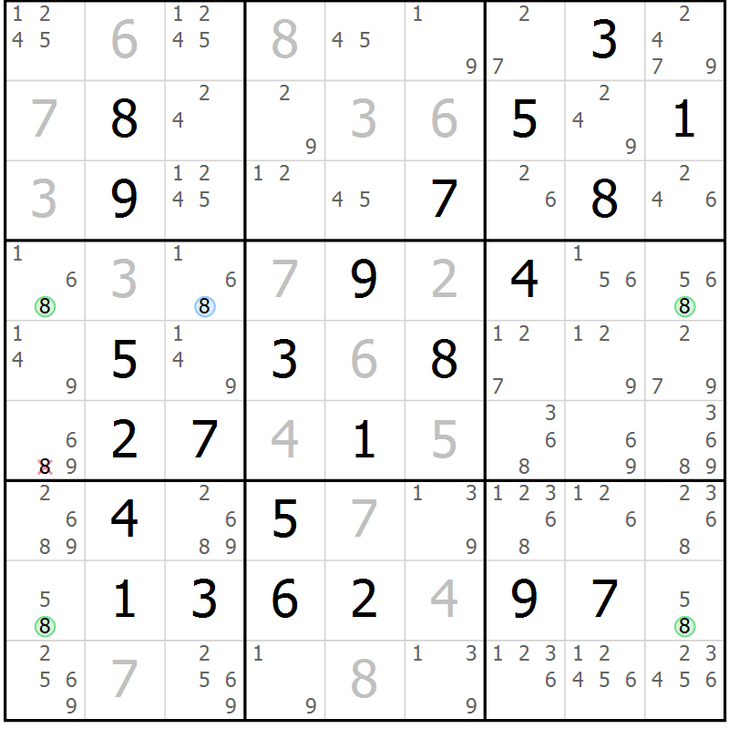 Position des candidats pour la solution de la Gr 5 page 8 du magazine de sudoku Maestro n° 094