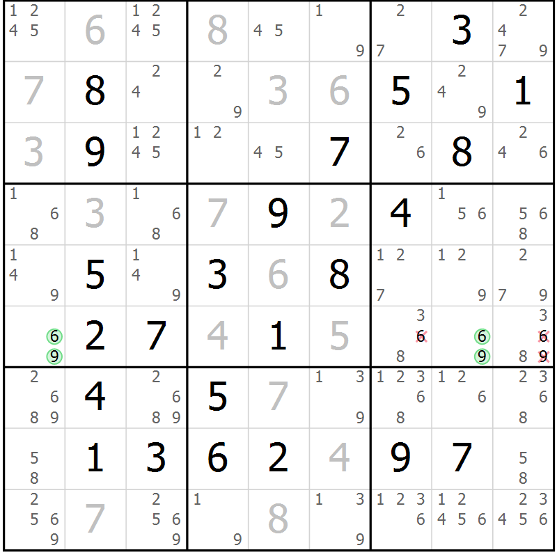 Position des candidats pour la solution de la Gr 5 page 8 du magazine de sudoku Maestro n° 094