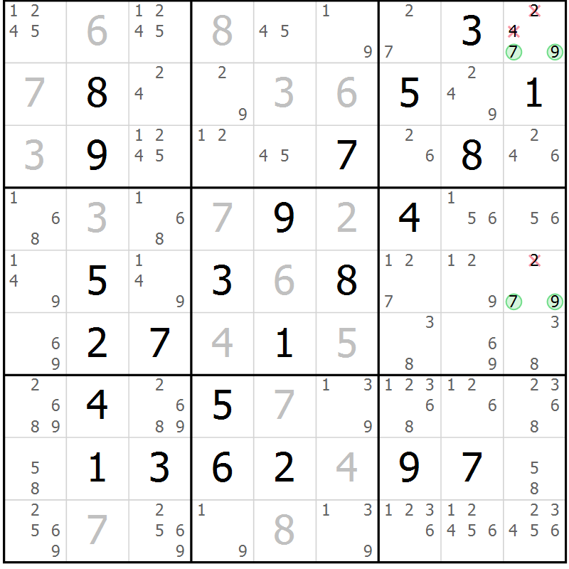 Position des candidats pour la solution de la Gr 5 page 8 du magazine de sudoku Maestro n° 094