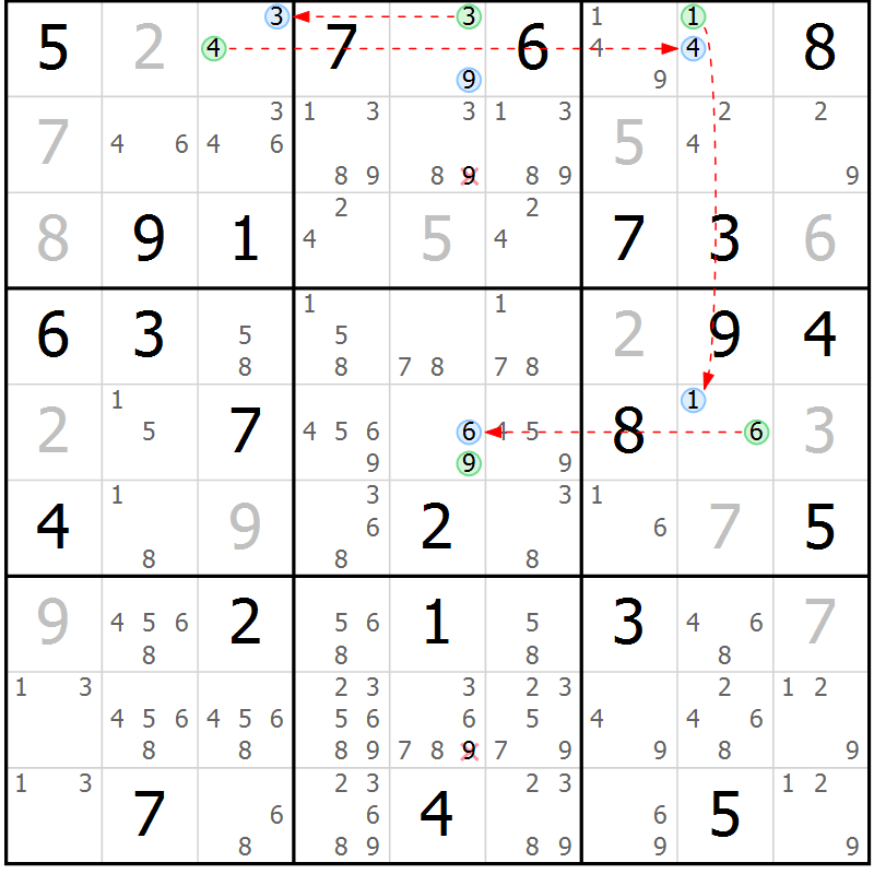 Position des candidats pour la solution de la Gr 50 page 53 du magazine de sudoku Maestro n° 094