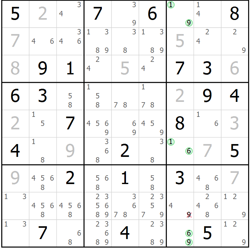 Position des candidats pour la solution de la Gr 50 page 53 du magazine de sudoku Maestro n° 094