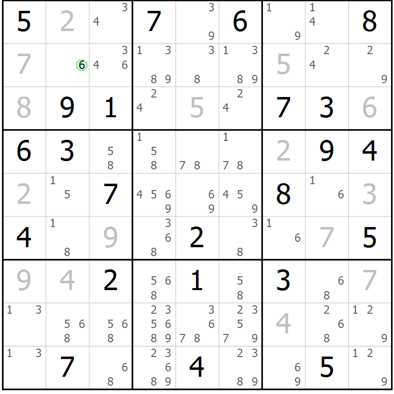 Position des candidats pour la solution de la Gr 50 page 53 du magazine de sudoku Maestro n° 094
