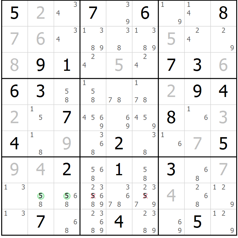 Position des candidats pour la solution de la Gr 50 page 53 du magazine de sudoku Maestro n° 094