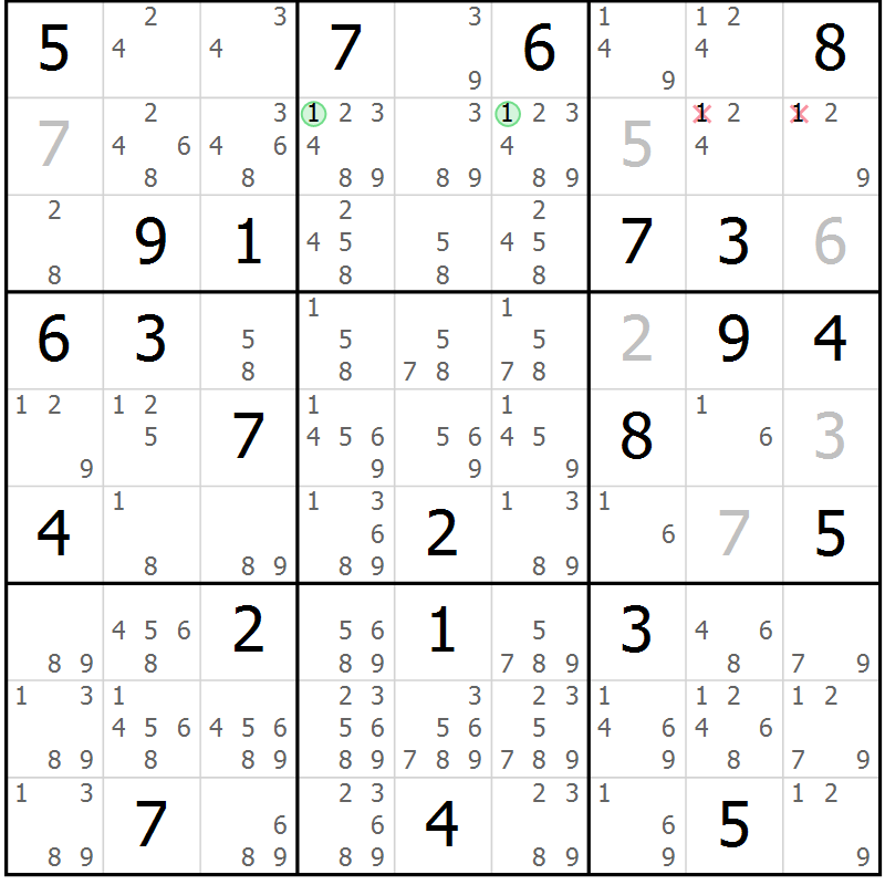 Position des candidats pour la solution de la Gr 50 page 53 du magazine de sudoku Maestro n° 094