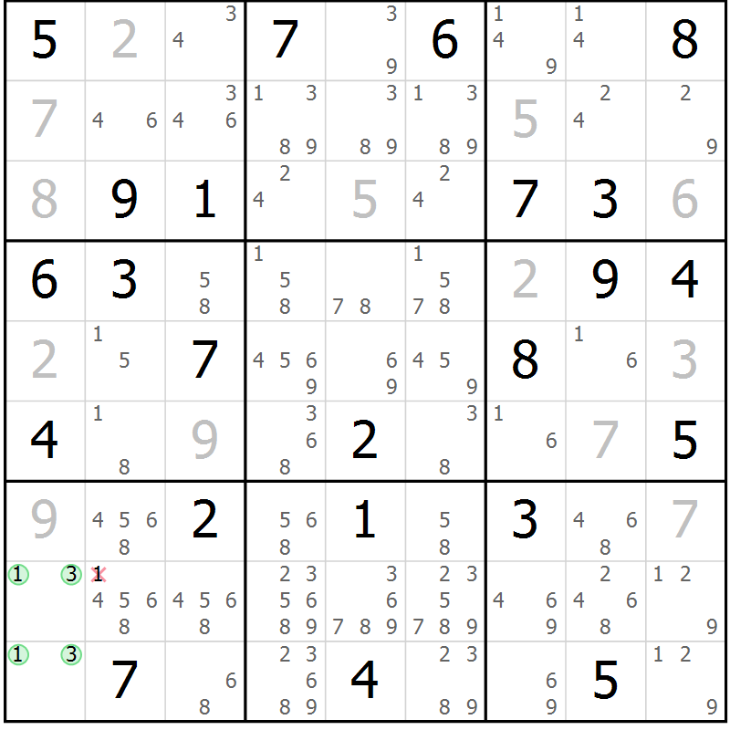 Position des candidats pour la solution de la Gr 50 page 53 du magazine de sudoku Maestro n° 094