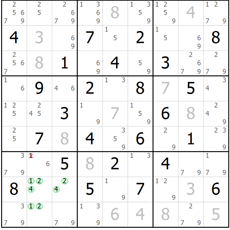 Position des candidats pour la solution de la Gr 51 page 54 du magazine de sudoku Maestro n° 094