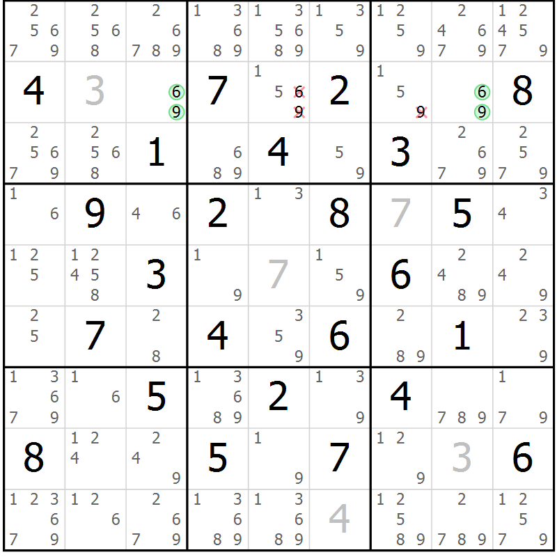 Position des candidats pour la solution de la Gr 51 page 54 du magazine de sudoku Maestro n° 094
