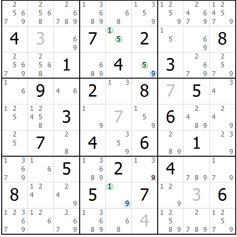 Position des candidats pour la solution de la Gr 51 page 54 du magazine de sudoku Maestro n° 094