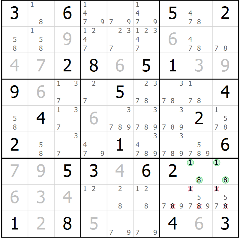 Position des candidats pour la solution de la Gr 52 page 55 du magazine de sudoku Maestro n° 094
